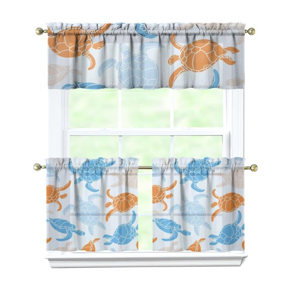 Kitchen Curtains 24 Inch Short - 3 Panel Set, Hawaiian Sea Turtle Ocean Design, Tropical Underwater Marine Life Print, Rod Pocket Window Curtain, Easy Wash