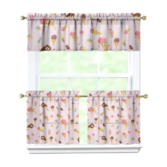 Kitchen Curtains 24 Inch Short - 3 Panel Set, Ice Cream Dessert Pattern, Rod Pocket Window Curtain, 100% Polyester for Farmhouse, Cafe, Kitchen, Living Room, Bedroom, Easy Wash