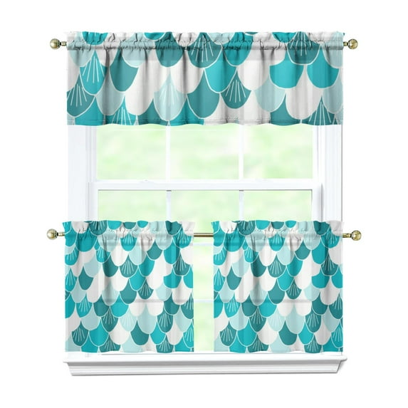 Kitchen Curtains 24 Inch Short - 3 Panel Set, Mermaid Ocean Underwater Coral Design, Rod Pocket Window Curtain, 100% Polyester, Easy Wash for Farmhouse, Nautical Kitchen, Bathroom