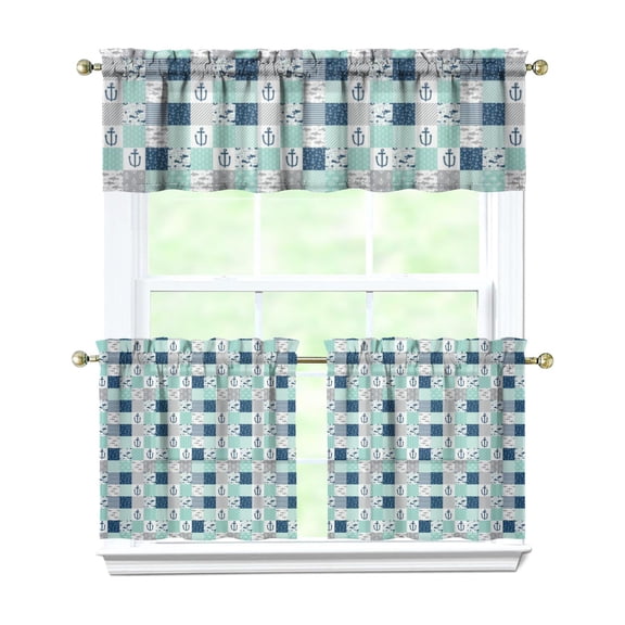 Kitchen Curtains 24 Inch Short - 3 Panel Set, Nautical Anchor Lighthouse Coastal Design, Rod Pocket Window Curtain for Beach House, Marine Ocean Wave Pattern, Easy Wash