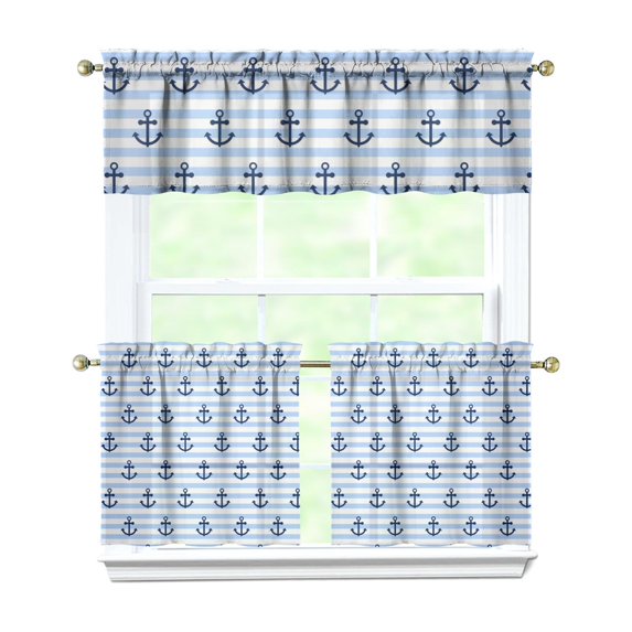 Kitchen Curtains 24 Inch Short - 3 Panel Set, Nautical Anchor Lighthouse Coastal Design, Rod Pocket Window Curtain for Beach House, Marine Ocean Wave Pattern, Easy Wash