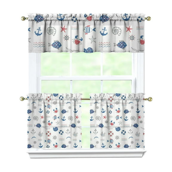 Kitchen Curtains 24 Inch Short - 3 Panel Set, Nautical Anchor Lighthouse Coastal Design, Rod Pocket Window Curtain for Beach House, Marine Ocean Wave Pattern, Easy Wash