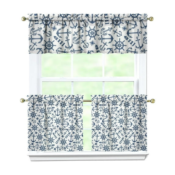 Kitchen Curtains 24 Inch Short - 3 Panel Set, Nautical Anchor Lighthouse Coastal Design, Rod Pocket Window Curtain for Beach House, Marine Ocean Wave Pattern, Easy Wash