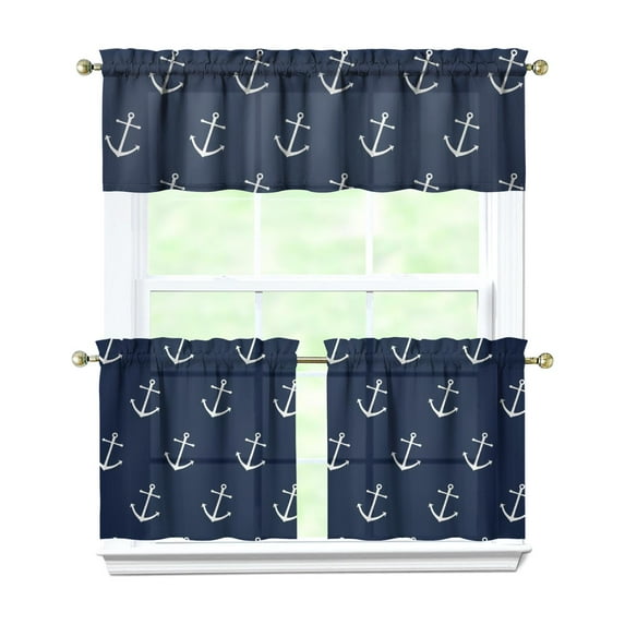 Kitchen Curtains 24 Inch Short - 3 Panel Set, Nautical Anchor Lighthouse Coastal Design, Rod Pocket Window Curtain for Beach House, Marine Ocean Wave Pattern, Easy Wash