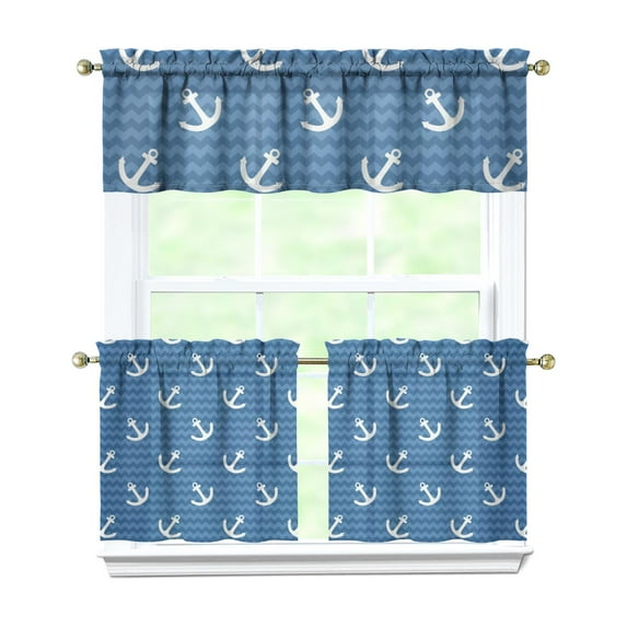 Kitchen Curtains 24 Inch Short - 3 Panel Set, Nautical Anchor Lighthouse Coastal Design, Rod Pocket Window Curtain for Beach House, Marine Ocean Wave Pattern, Easy Wash