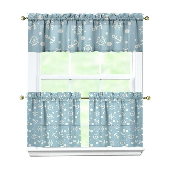Kitchen Curtains 24 Inch Short - 3 Panel Set, Nautical Anchor Lighthouse Coastal Design, Rod Pocket Window Curtain for Beach House, Marine Ocean Wave Pattern, Easy Wash