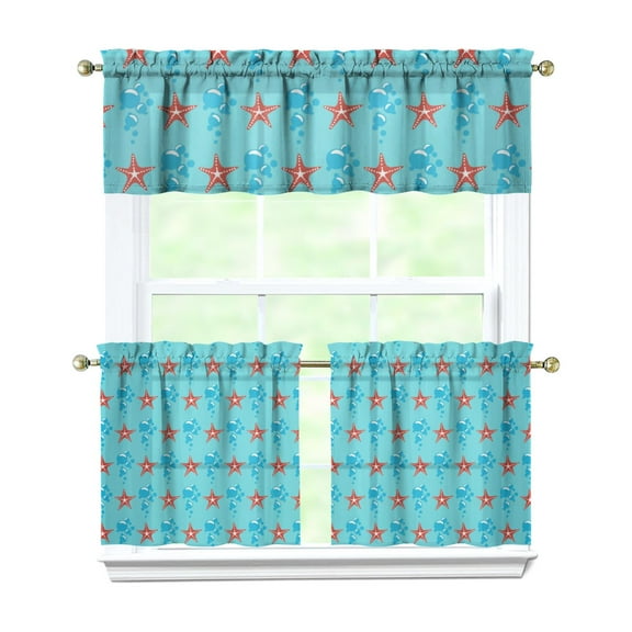 Kitchen Curtains 24 Inch Short - 3 Panel Set, Nautical Starfish Beach Seashell Mermaid Theme, Rod Pocket Window Curtain for Tropical Farmhouse, Easy Wash