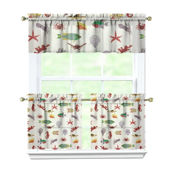 Kitchen Curtains 24 Inch Short - 3 Panel Set, Nautical Starfish Beach Seashell Mermaid Theme, Rod Pocket Window Curtain for Tropical Farmhouse, Easy Wash