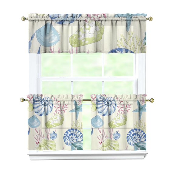 Kitchen Curtains 24 Inch Short - 3 Panel Set, Nautical Starfish Beach Seashell Mermaid Theme, Rod Pocket Window Curtain for Tropical Farmhouse, Easy Wash
