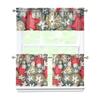 Kitchen Curtains 24 Inch Short - 3 Panel Set, Nautical Starfish Beach Seashell Mermaid Theme, Rod Pocket Window Curtain for Tropical Farmhouse, Easy Wash