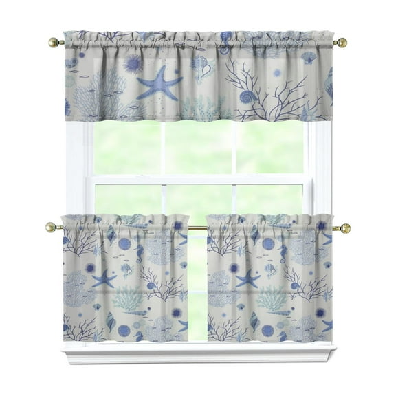 Kitchen Curtains 24 Inch Short - 3 Panel Set, Nautical Starfish Beach Seashell Mermaid Theme, Rod Pocket Window Curtain for Tropical Farmhouse, Easy Wash