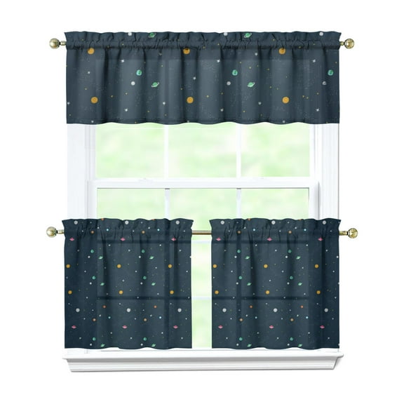 Kitchen Curtains 24 Inch Short - 3 Panel Set, Rod Pocket Window Curtain, 100% Polyester for Farmhouse, Cafe, Kitchen, Living Room, Bedroom, Galaxy & Space-Themed Design, Easy Wash