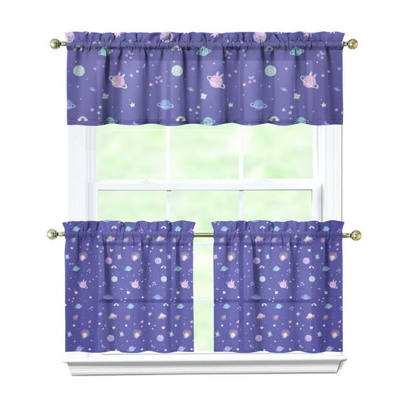 Kitchen Curtains 24 Inch Short - 3 Panel Set, Rod Pocket Window Curtain, 100% Polyester for Farmhouse, Cafe, Kitchen, Living Room, Bedroom, Galaxy & Space-Themed Design, Easy Wash