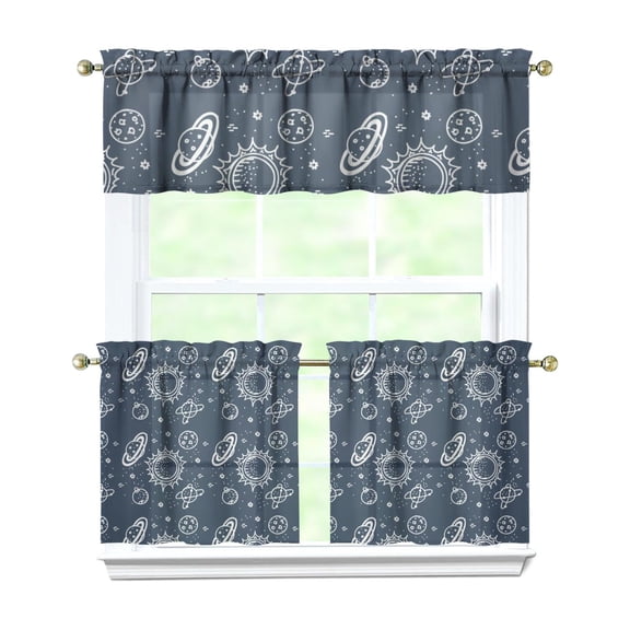 Kitchen Curtains 24 Inch Short - 3 Panel Set, Rod Pocket Window Curtain, 100% Polyester for Farmhouse, Cafe, Kitchen, Living Room, Bedroom, Galaxy & Space-Themed Design, Easy Wash