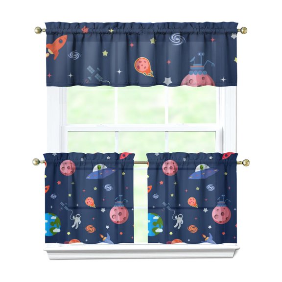 Kitchen Curtains 24 Inch Short - 3 Panel Set, Rod Pocket Window Curtain, 100% Polyester for Farmhouse, Cafe, Kitchen, Living Room, Bedroom, Galaxy & Space-Themed Design, Easy Wash