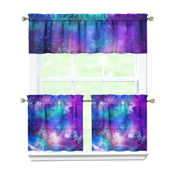Kitchen Curtains 24 Inch Short - 3 Panel Set, Rod Pocket Window Curtain, 100% Polyester for Farmhouse, Cafe, Kitchen, Living Room, Bedroom, Galaxy & Space-Themed Design, Easy Wash
