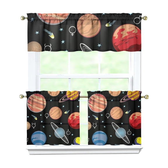 Kitchen Curtains 24 Inch Short - 3 Panel Set, Rod Pocket Window Curtain, 100% Polyester for Farmhouse, Cafe, Kitchen, Living Room, Bedroom, Galaxy & Space-Themed Design, Easy Wash