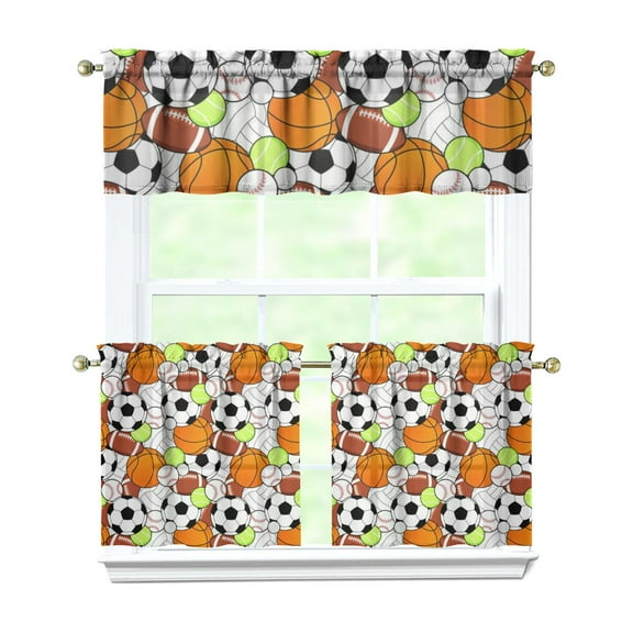 Kitchen Curtains 24 Inch Short - 3 Panel Set, Rod Pocket Window Curtain, 100% Polyester for Farmhouse, Cafe, Kitchen, Living Room, Bedroom, Sports-Themed Design, Easy Wash