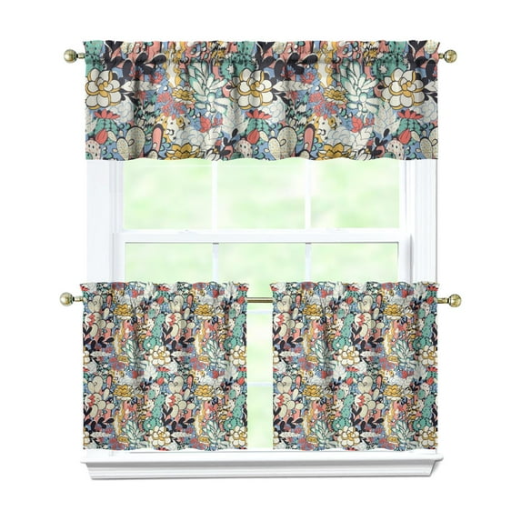 Kitchen Curtains 24 Inch Short - 3 Panel Set, Rod Pocket Window Curtain with Boho Cactus and Succulent Art, 100% Polyester for Farmhouse, Cafe, Kitchen, Bedroom, Easy Wash