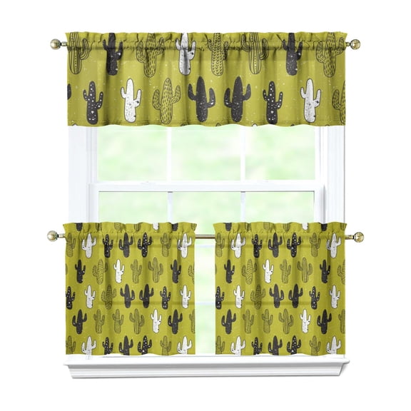 Kitchen Curtains 24 Inch Short - 3 Panel Set, Rod Pocket Window Curtain with Boho Cactus and Succulent Art, 100% Polyester for Farmhouse, Cafe, Kitchen, Bedroom, Easy Wash