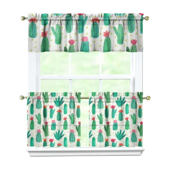 Kitchen Curtains 24 Inch Short - 3 Panel Set, Rod Pocket Window Curtain with Boho Cactus and Succulent Art, 100% Polyester for Farmhouse, Cafe, Kitchen, Bedroom, Easy Wash