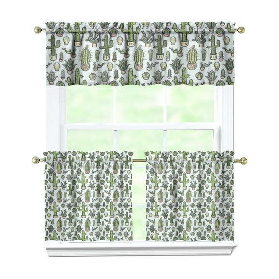 Kitchen Curtains 24 Inch Short - 3 Panel Set, Rod Pocket Window Curtain with Boho Cactus and Succulent Art, 100% Polyester for Farmhouse, Cafe, Kitchen, Bedroom, Easy Wash