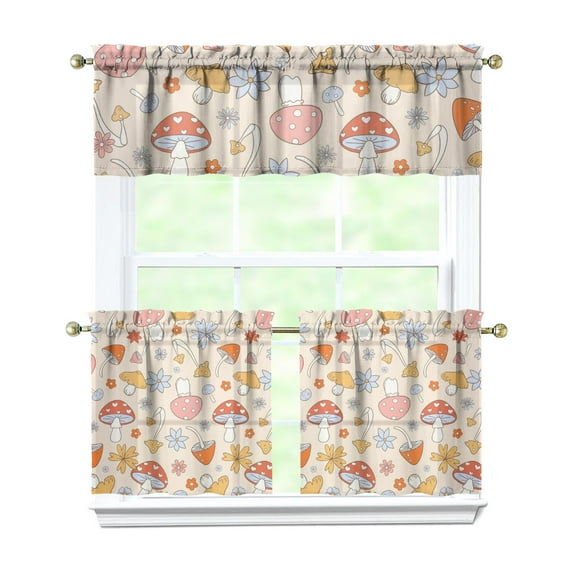 Kitchen Curtains 24 Inch Short - 3 Panel Set, Rod Pocket Window Curtain with Boho Vintage Mushroom Print, 100% Polyester for Farmhouse, Cafe, Kitchen, Bedroom, Easy Wash