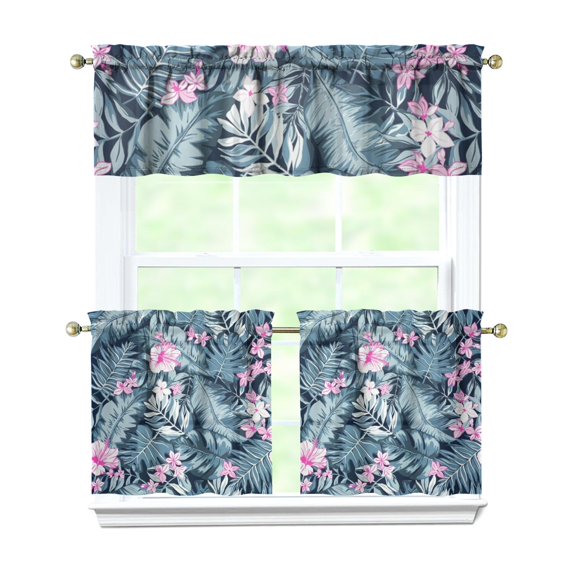 Kitchen Curtains 24 Inch Short - 3 Panel Set, Rod Pocket Window Curtain with Tropical Leaf Botanical Print, 100% Polyester for Farmhouse, Cafe, Kitchen, Bedroom, Easy Wash