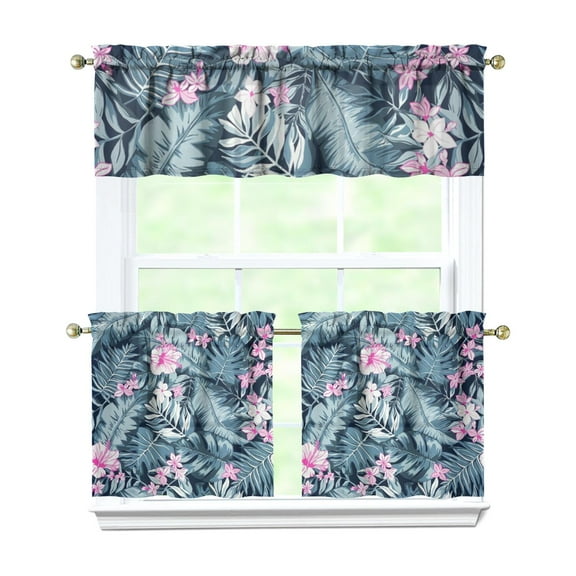 Kitchen Curtains 24 Inch Short - 3 Panel Set, Rod Pocket Window Curtain with Tropical Leaf Botanical Print, 100% Polyester for Farmhouse, Cafe, Kitchen, Bedroom, Easy Wash