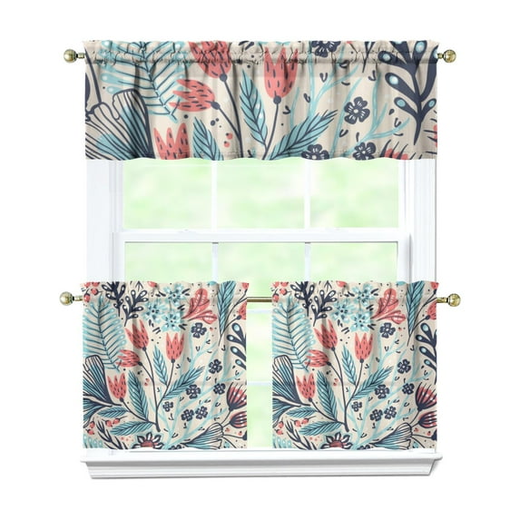 Kitchen Curtains 24 Inch Short - 3 Panel Set, Rod Pocket Window Curtain with Tropical Leaf Botanical Print, 100% Polyester for Farmhouse, Cafe, Kitchen, Bedroom, Easy Wash