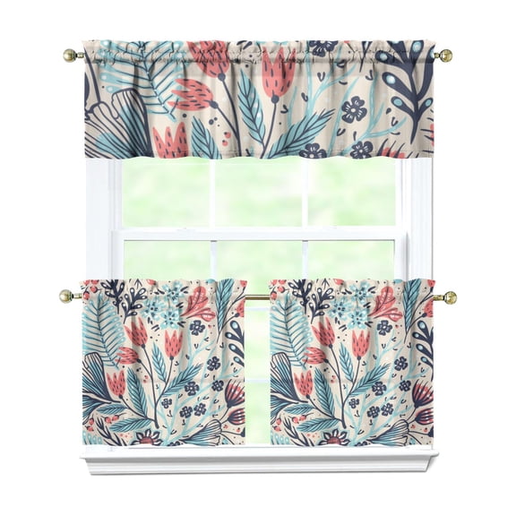 Kitchen Curtains 24 Inch Short - 3 Panel Set, Rod Pocket Window Curtain with Tropical Leaf Botanical Print, 100% Polyester for Farmhouse, Cafe, Kitchen, Bedroom, Easy Wash