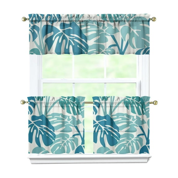 Kitchen Curtains 24 Inch Short - 3 Panel Set, Rod Pocket Window Curtain with Tropical Leaf Botanical Print, 100% Polyester for Farmhouse, Cafe, Kitchen, Bedroom, Easy Wash