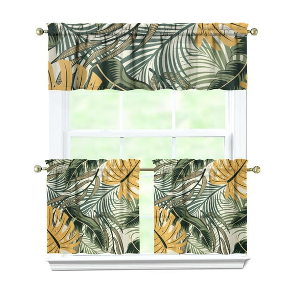 Kitchen Curtains 24 Inch Short - 3 Panel Set, Rod Pocket Window Curtain with Tropical Leaf Botanical Print, 100% Polyester for Farmhouse, Cafe, Kitchen, Bedroom, Easy Wash