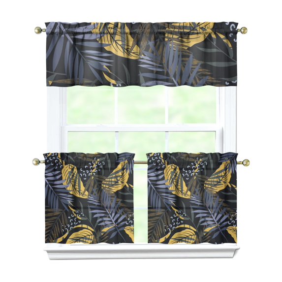 Kitchen Curtains 24 Inch Short - 3 Panel Set, Rod Pocket Window Curtain with Tropical Leaf Botanical Print, 100% Polyester for Farmhouse, Cafe, Kitchen, Bedroom, Easy Wash