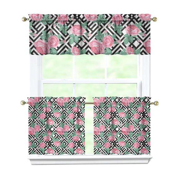 Kitchen Curtains 24 Inch Short - 3 Panel Set, Rod Pocket Window Curtain with Tropical Leaf Botanical Print, 100% Polyester for Farmhouse, Cafe, Kitchen, Bedroom, Easy Wash