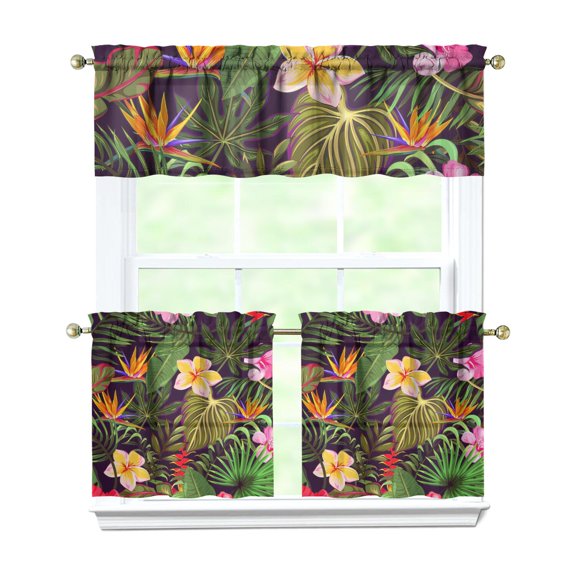Kitchen Curtains 24 Inch Short - 3 Panel Set, Rod Pocket Window Curtain with Tropical Leaf Botanical Print, 100% Polyester for Farmhouse, Cafe, Kitchen, Bedroom, Easy Wash