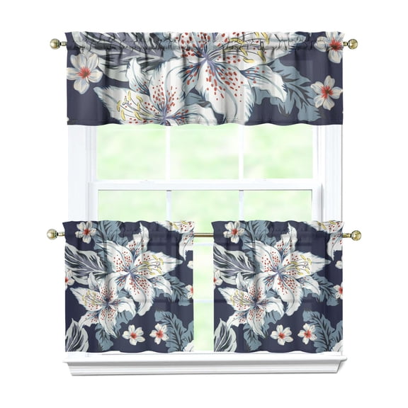 Kitchen Curtains 24 Inch Short - 3 Panel Set, Rod Pocket Window Curtain with Tropical Leaf Botanical Print, 100% Polyester for Farmhouse, Cafe, Kitchen, Bedroom, Easy Wash