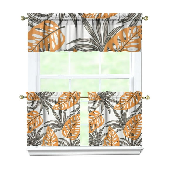 Kitchen Curtains 24 Inch Short - 3 Panel Set, Rod Pocket Window Curtain with Tropical Leaf Botanical Print, 100% Polyester for Farmhouse, Cafe, Kitchen, Bedroom, Easy Wash