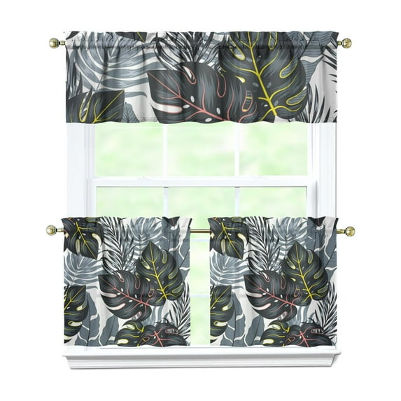 Kitchen Curtains 24 Inch Short - 3 Panel Set, Rod Pocket Window Curtain with Tropical Leaf Botanical Print, 100% Polyester for Farmhouse, Cafe, Kitchen, Bedroom, Easy Wash