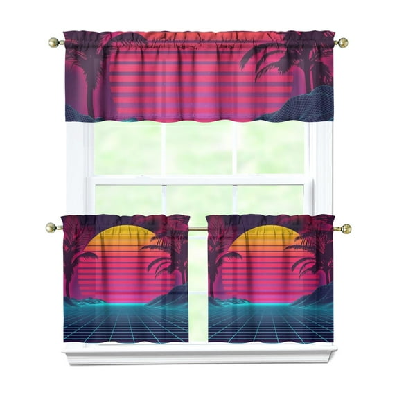Kitchen Curtains 24 Inch Short - 3 Panel Set, Rod Pocket Window Curtain with Tropical Palm Tree Sunset Print, 100% Polyester for Boho Kitchen, Beach Room, Easy Wash