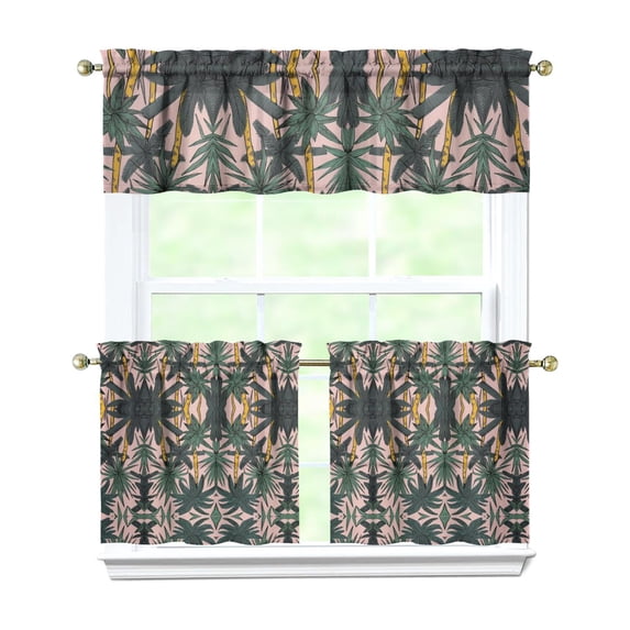Kitchen Curtains 24 Inch Short - 3 Panel Set, Rod Pocket Window Curtain with Tropical Palm Tree Sunset Print, 100% Polyester for Boho Kitchen, Beach Room, Easy Wash