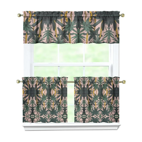 Kitchen Curtains 24 Inch Short - 3 Panel Set, Rod Pocket Window Curtain with Tropical Palm Tree Sunset Print, 100% Polyester for Boho Kitchen, Beach Room, Easy Wash