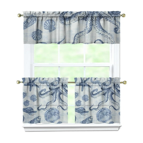 Kitchen Curtains 24 Inch Short - 3 Panel Set, Seashell Starfish Nautical Print, Rod Pocket Window Curtain for Tropical Beach Farmhouse, Sea Coral Cute Design, Easy Wash