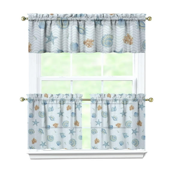 Kitchen Curtains 24 Inch Short - 3 Panel Set, Seashell Starfish Nautical Print, Rod Pocket Window Curtain for Tropical Beach Farmhouse, Sea Coral Cute Design, Easy Wash