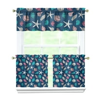 Kitchen Curtains 24 Inch Short - 3 Panel Set, Seashell Starfish Nautical Print, Rod Pocket Window Curtain for Tropical Beach Farmhouse, Sea Coral Cute Design, Easy Wash