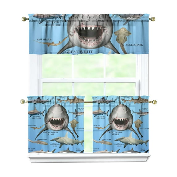 Kitchen Curtains 24 Inch Short - 3 Panel Set, Shark Whale Dolphin Ocean Theme, Rod Pocket Window Curtain, 100% Polyester for Nautical Farmhouse Kitchen, Easy Wash