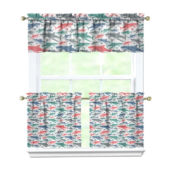 Kitchen Curtains 24 Inch Short - 3 Panel Set, Shark Whale Dolphin Ocean Theme, Rod Pocket Window Curtain, 100% Polyester for Nautical Farmhouse Kitchen, Easy Wash