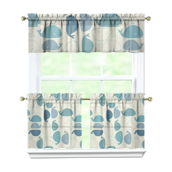 Kitchen Curtains 24 Inch Short - 3 Panel Set, Shark Whale Dolphin Ocean Theme, Rod Pocket Window Curtain, 100% Polyester for Nautical Farmhouse Kitchen, Easy Wash