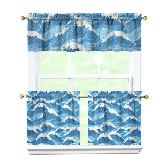 Kitchen Curtains 24 Inch Short - 3 Panel Set, Shark Whale Dolphin Ocean Theme, Rod Pocket Window Curtain, 100% Polyester for Nautical Farmhouse Kitchen, Easy Wash