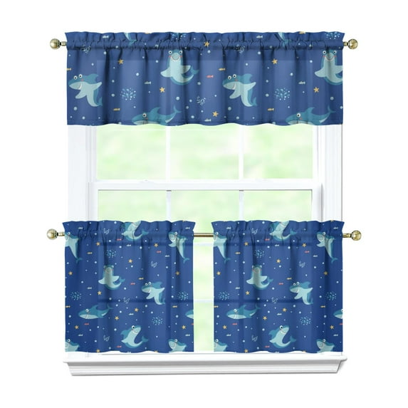 Kitchen Curtains 24 Inch Short - 3 Panel Set, Shark Whale Dolphin Ocean Theme, Rod Pocket Window Curtain, 100% Polyester for Nautical Farmhouse Kitchen, Easy Wash